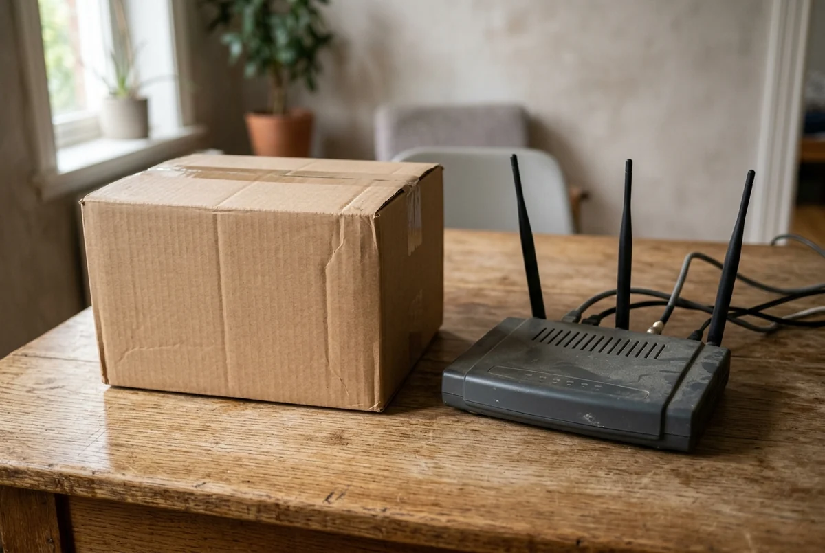 Caixa de papelão fechada ao lado de um roteador com antenas sobre a mesa