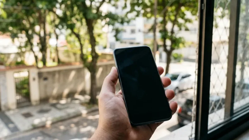 Mão segurando um celular de tela apagada, com uma calçada de rua com árvores desfocada ao fundo