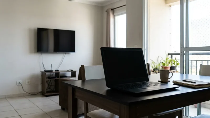Notebook aberto de tela apagada sobre a mesa de jantar, com a Smart TV desfocada na parede ao fundo
