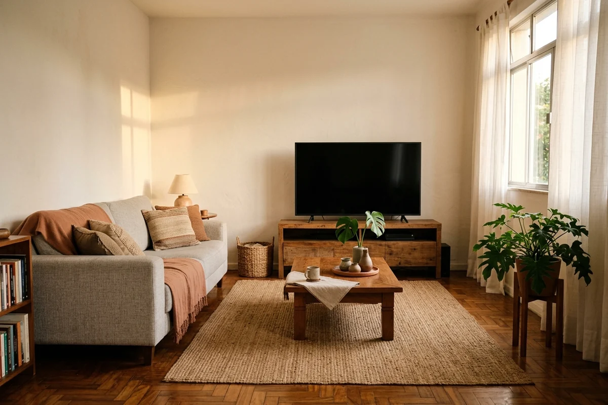 Sala com sofá claro, mesa de centro, tapete e TV desligada sobre rack de madeira, com luz do fim da tarde