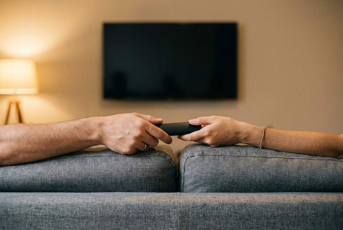 Duas mãos passando um controle remoto por cima do encosto do sofá, com a TV desligada ao fundo