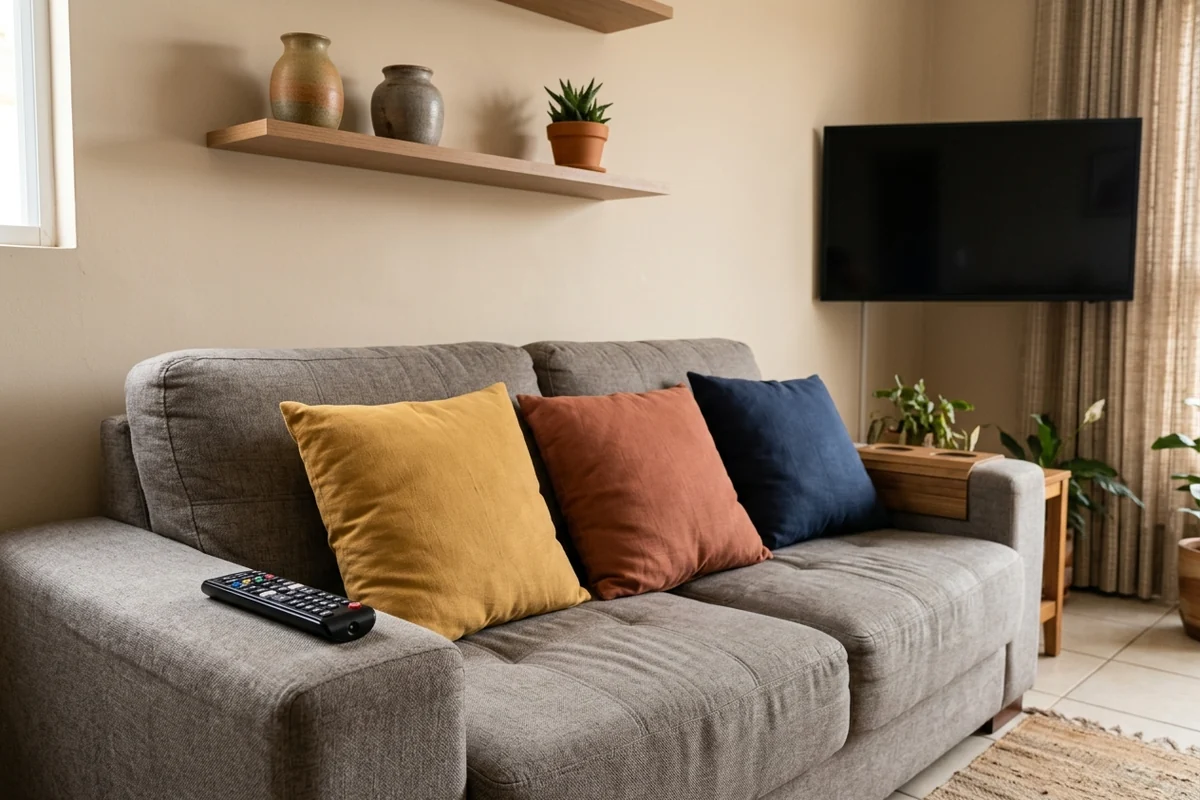 Sofá cinza com almofadas amarela, coral e azul e controle remoto no braço, com a TV desligada na parede