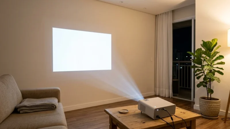 Projetor branco sobre mesa de centro projetando um quadro de luz na parede da sala