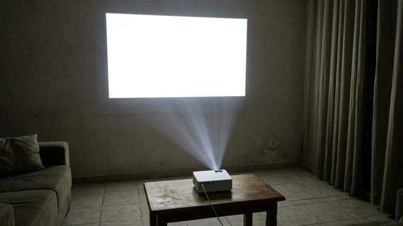 Projetor branco sozinho na mesa de centro projetando um retângulo vazio na parede de uma sala escura
