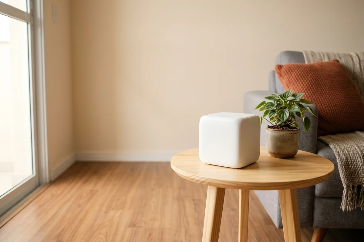 Cubo branco de rede Wi-Fi sobre mesa lateral de madeira, ao lado de vaso com planta e de sofá cinza com almofada laranja