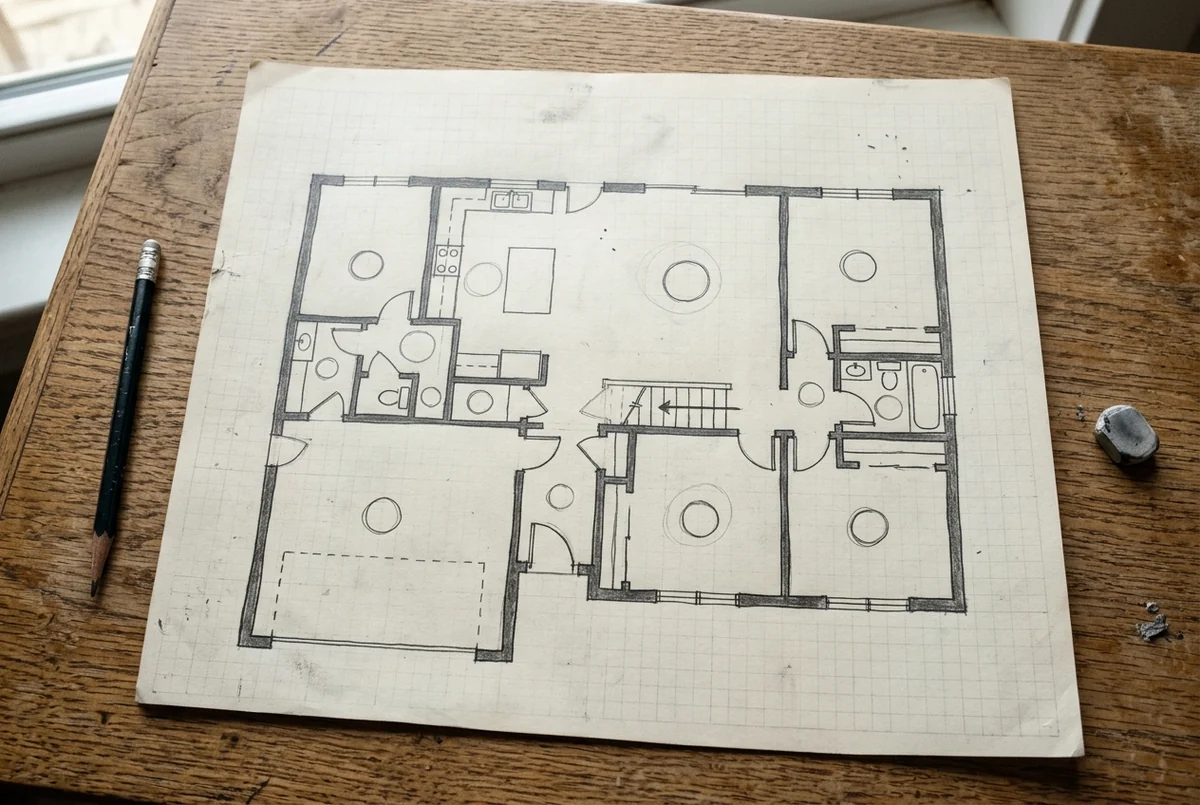 Planta baixa de uma casa desenhada a lápis em papel quadriculado sobre a mesa