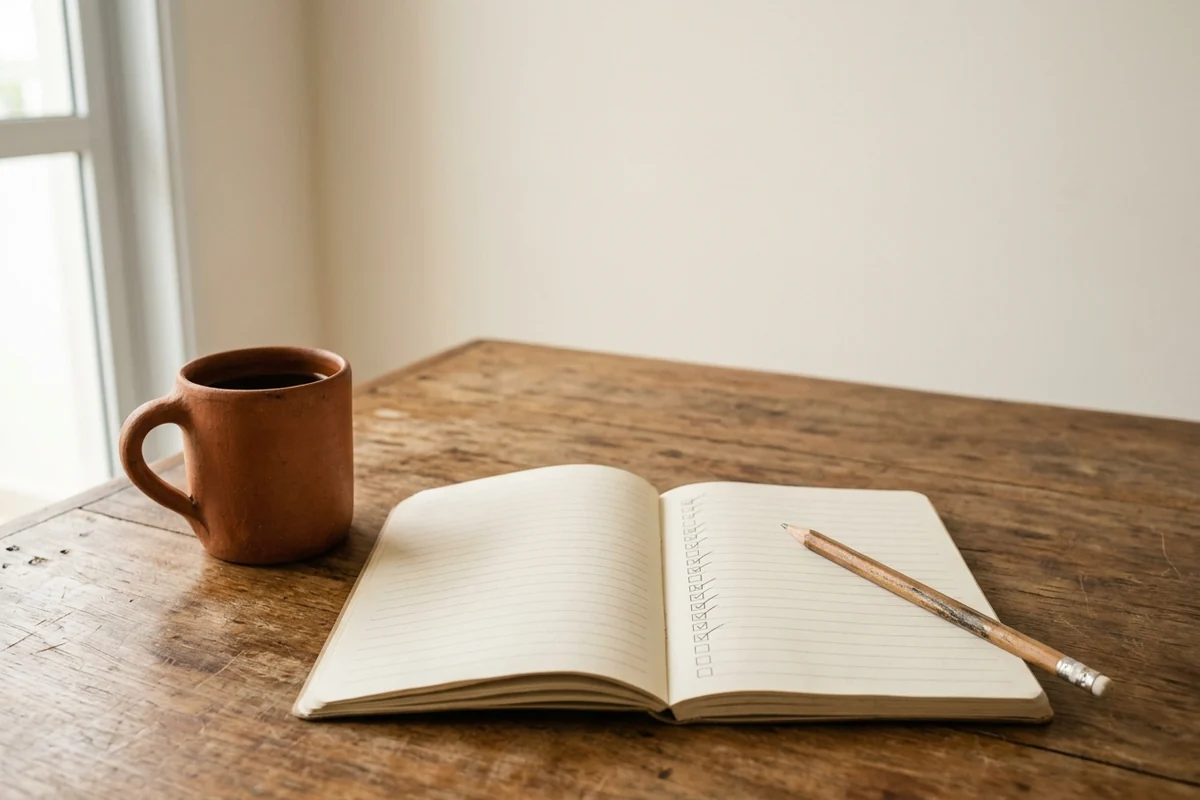 Caneca de barro e caderno aberto com uma lista de caixinhas marcadas e lápis sobre a mesa de madeira