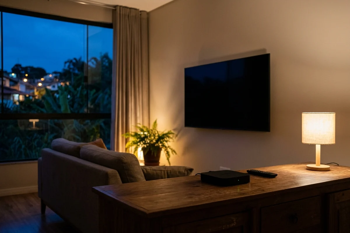 Sala à noite com a TV desligada na parede, abajur aceso e janela com vista para casas iluminadas no morro