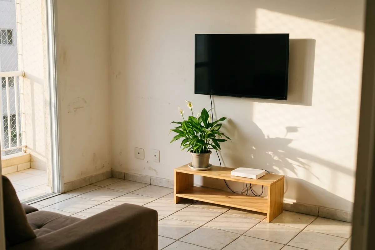 Sala de apartamento pequeno com TV apagada na parede e um roteador branco na estante de madeira