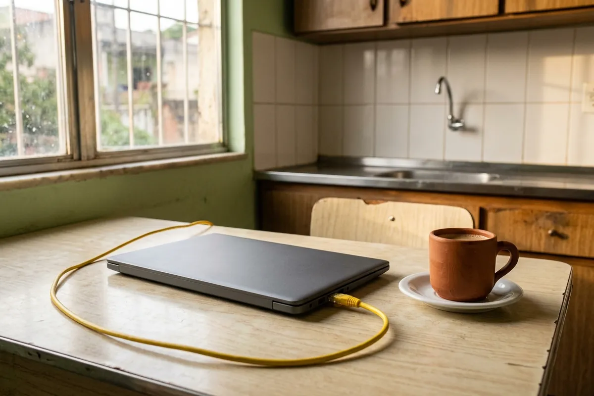 Notebook fechado ligado por cabo de rede amarelo na mesa da cozinha