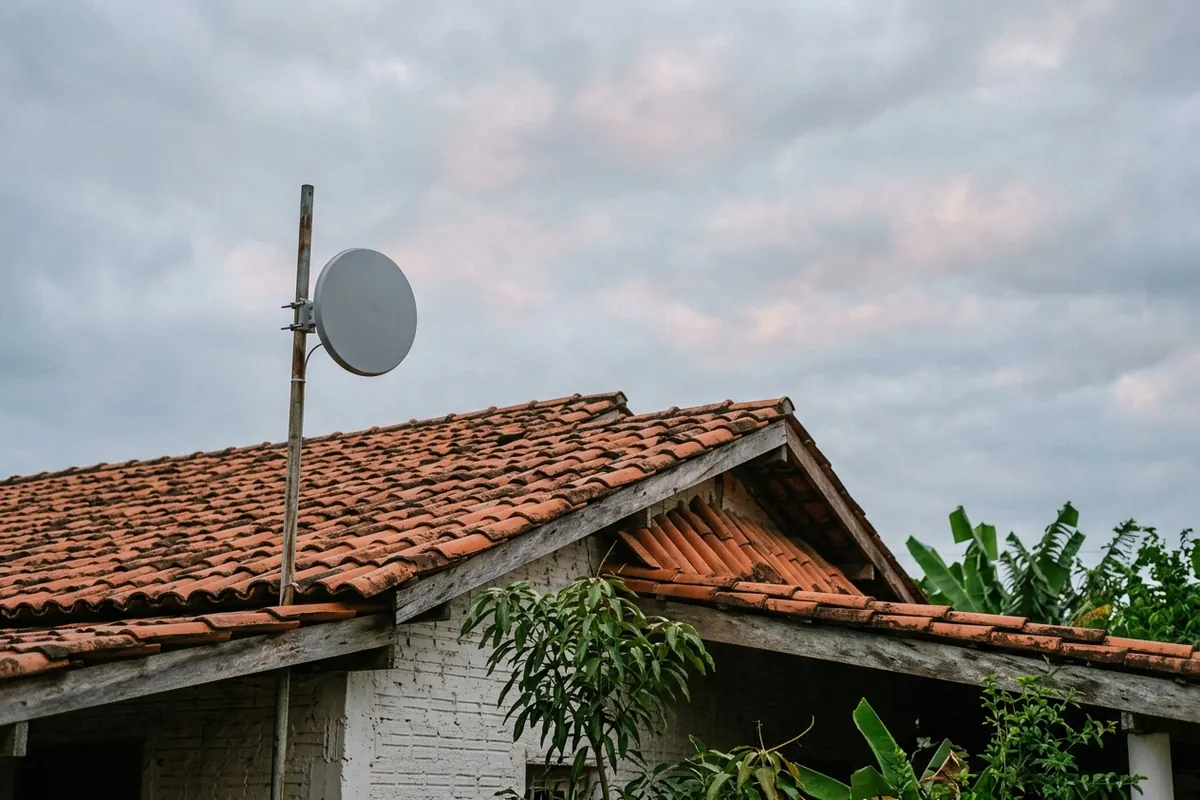 Antena pequena de internet via rádio num mastro sobre telhado de barro