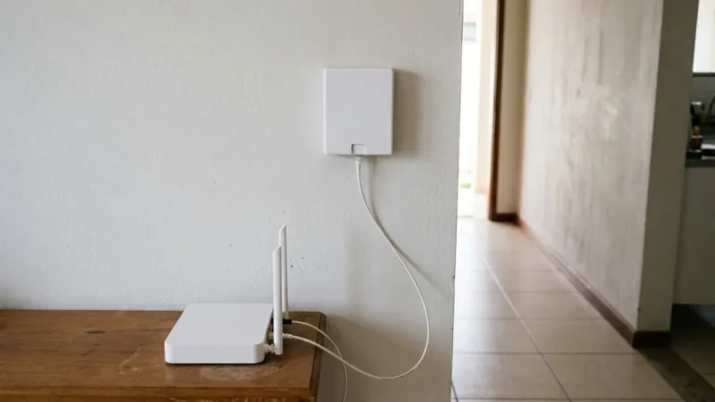 Cabo de fibra saindo da caixinha de terminação óptica na parede até o roteador