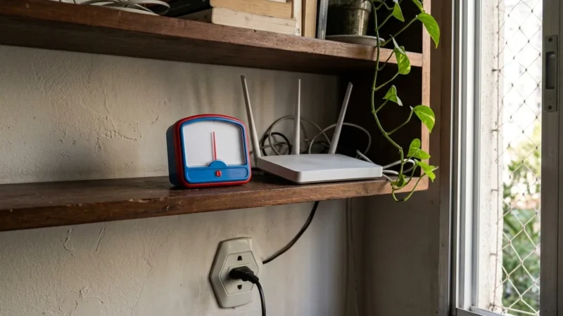 Medidor analógico de brinquedo de mostrador liso ao lado de um roteador branco numa prateleira alta de madeira