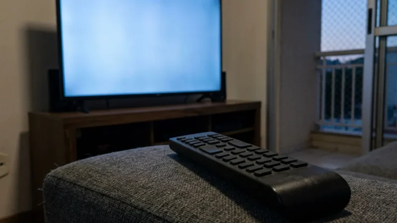 Controle remoto preto de teclas grandes no braço de um sofá cinza, com a luz azul da TV desfocada ao fundo
