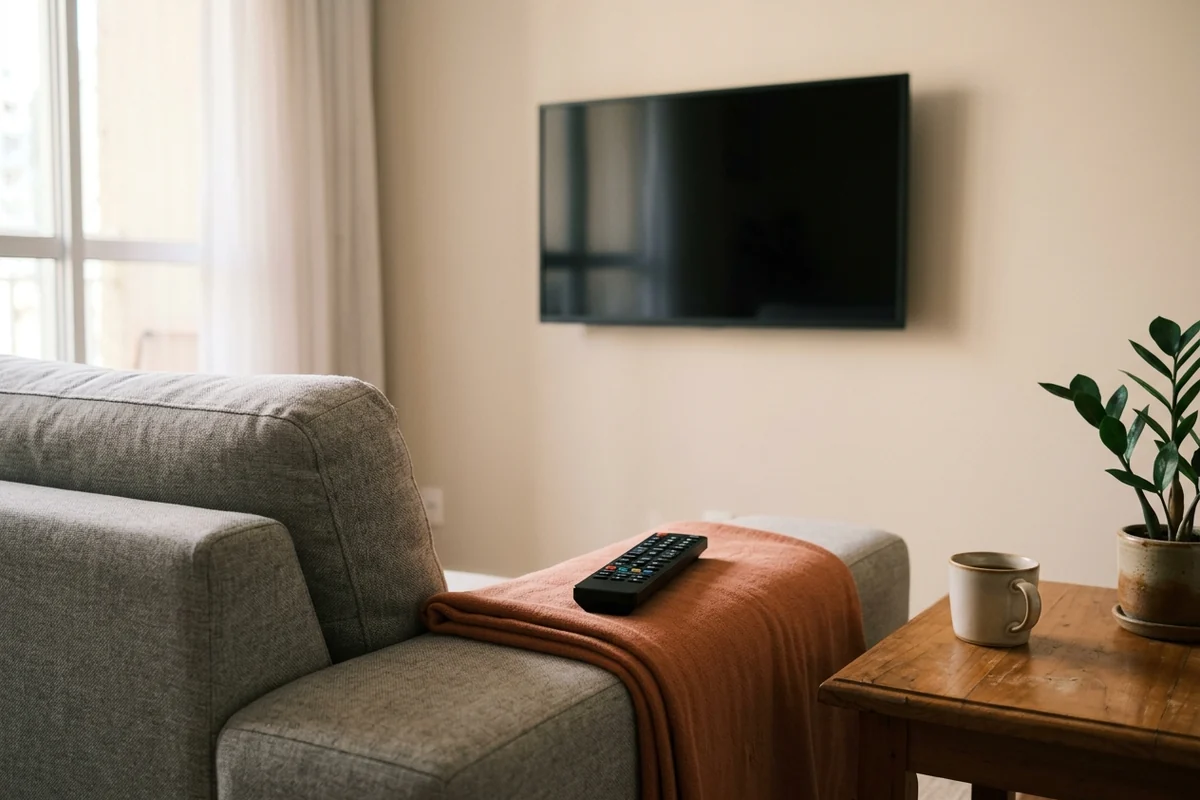 Controle remoto sobre manta laranja no braço do sofá, com a TV desligada na parede ao fundo