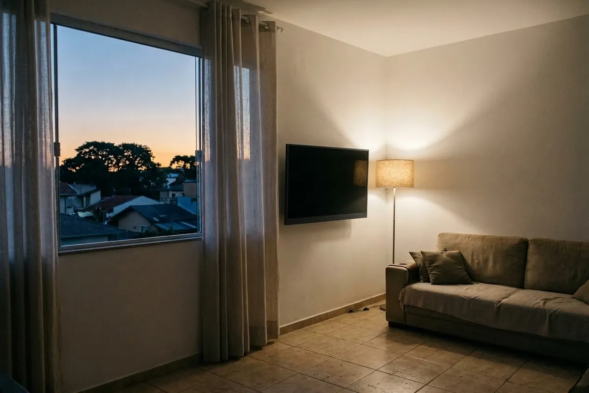 Sala com a janela mostrando o fim de tarde virando noite e a TV apagada na parede