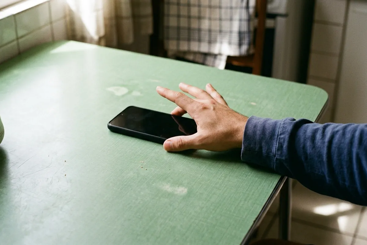 Mão afastando o celular apagado sobre a mesa verde da cozinha