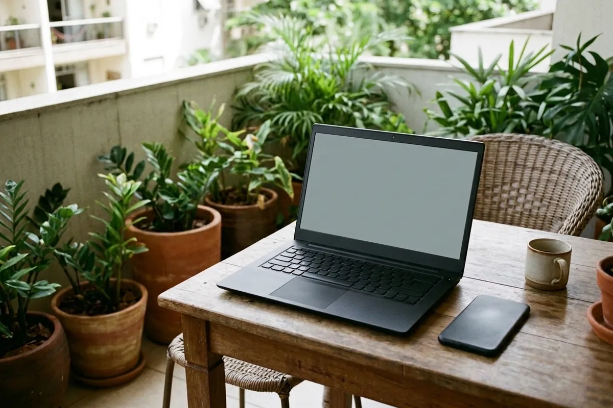 Notebook aberto com tela cinza lisa numa mesa de varanda com plantas