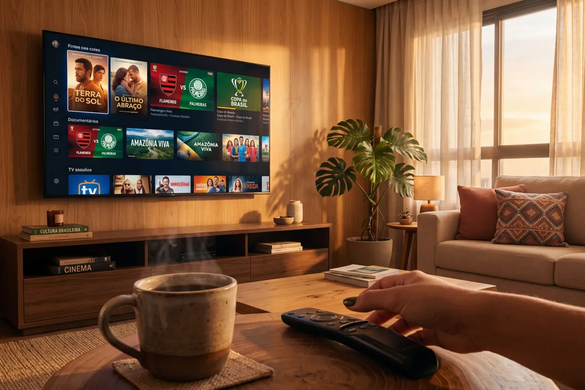 Sala brasileira com Smart TV exibindo grade de filmes em português, café fumegante e mão segurando controle remoto - hero teste IPTV grátis