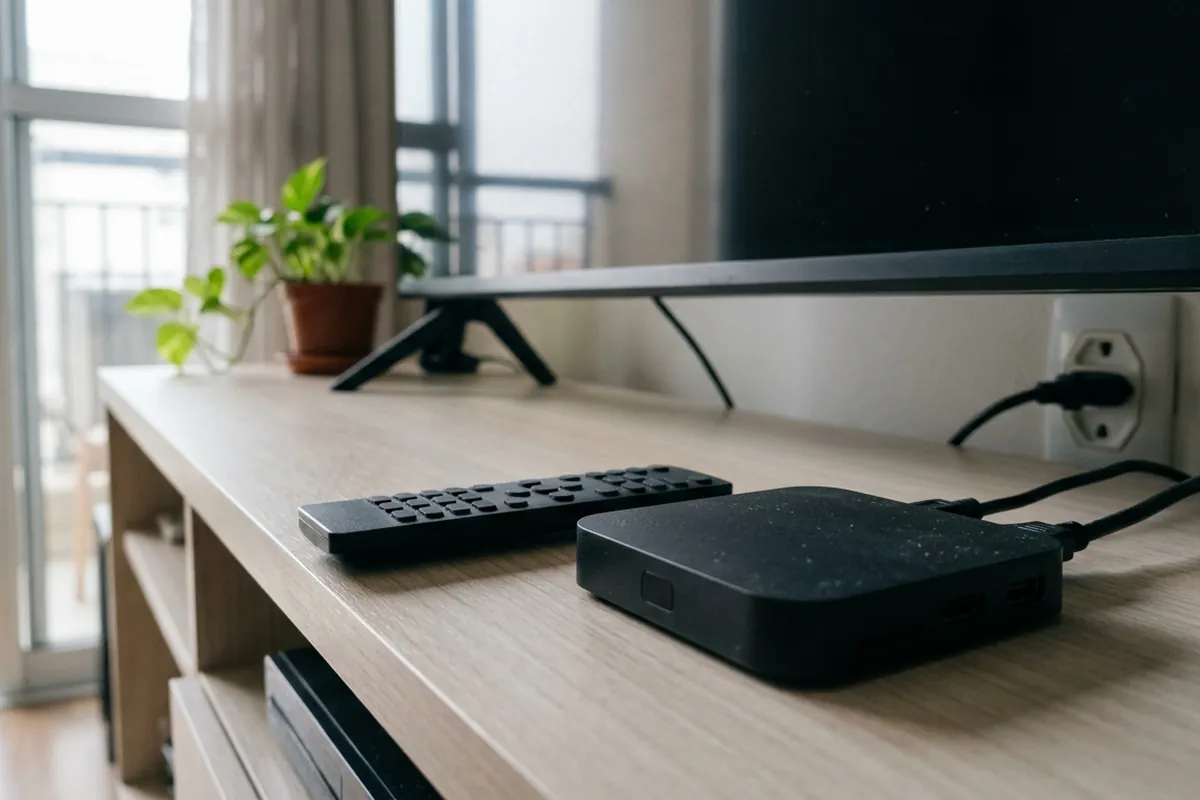 TV Box preta com controle remoto deitado ao lado sobre um rack claro, com a TV apagada ao fundo
