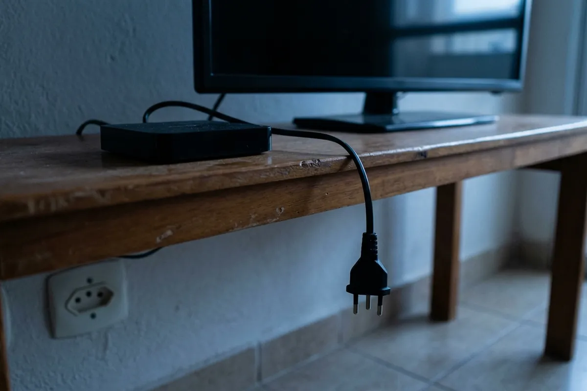 TV Box desligada com o cabo de energia fora da tomada pendurado no rack