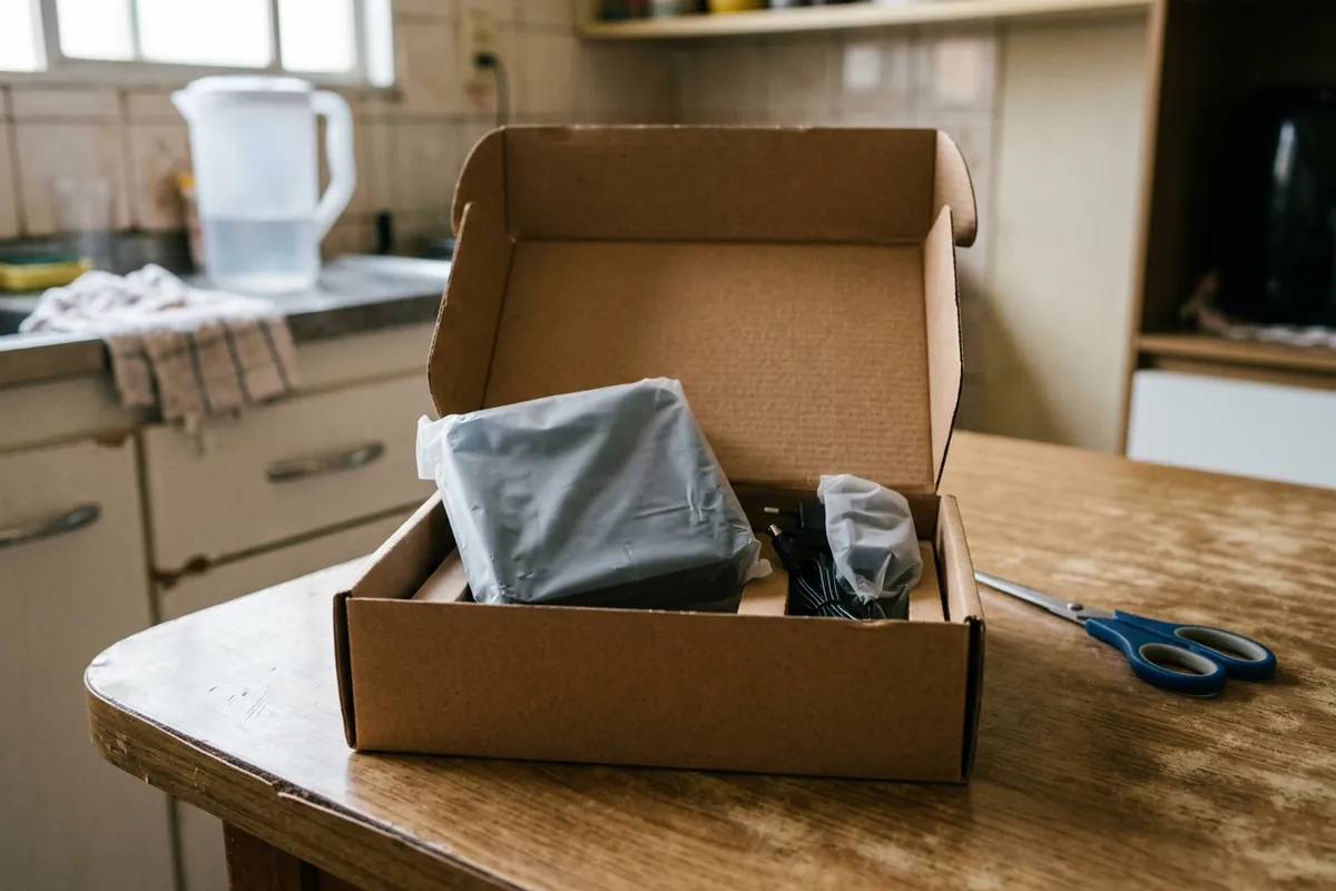 Caixa de TV Box aberta na mesa da cozinha com o aparelho ainda no plástico