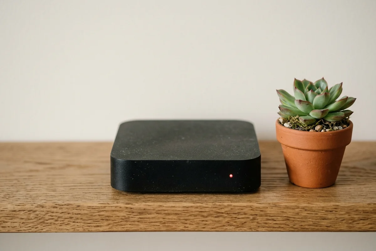 TV box preta com luz vermelha acesa sobre prateleira de madeira, ao lado de vaso com suculenta