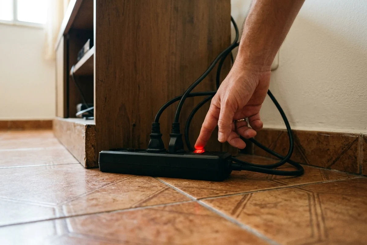 Mão apertando o botão de uma régua de tomadas no chão, ao lado de um móvel de madeira