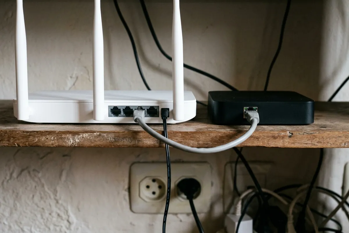 Roteador e TV Box ligados por um cabo de rede curto numa estante baixa