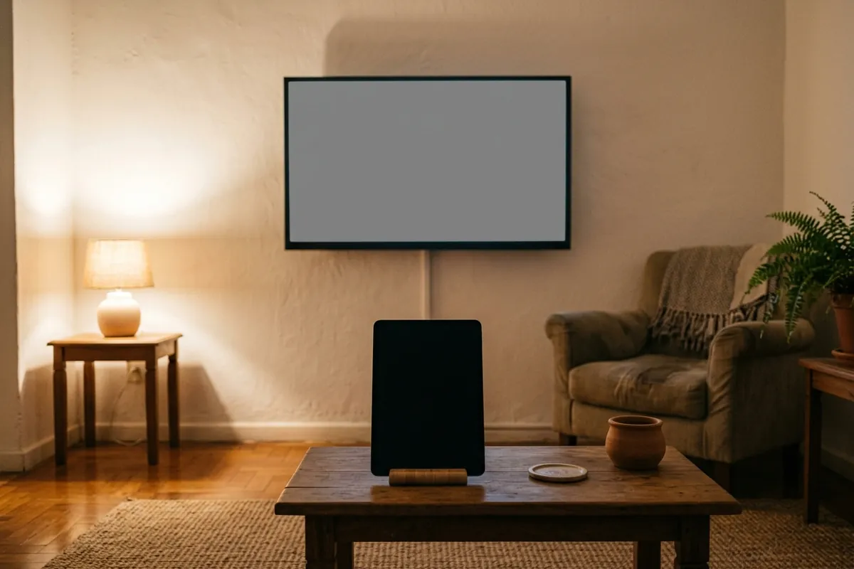 Tablet apagado na mesa de centro e TV ao fundo com a tela cinza lisa